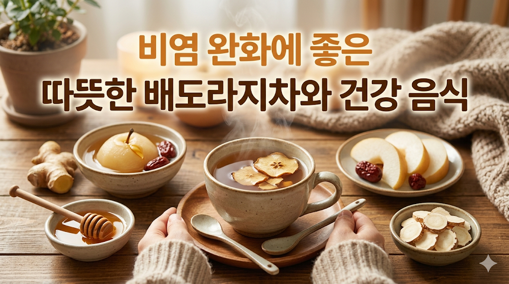 비염 완화에 좋은 따뜻한 배도라지차와 건강 음식 이미지