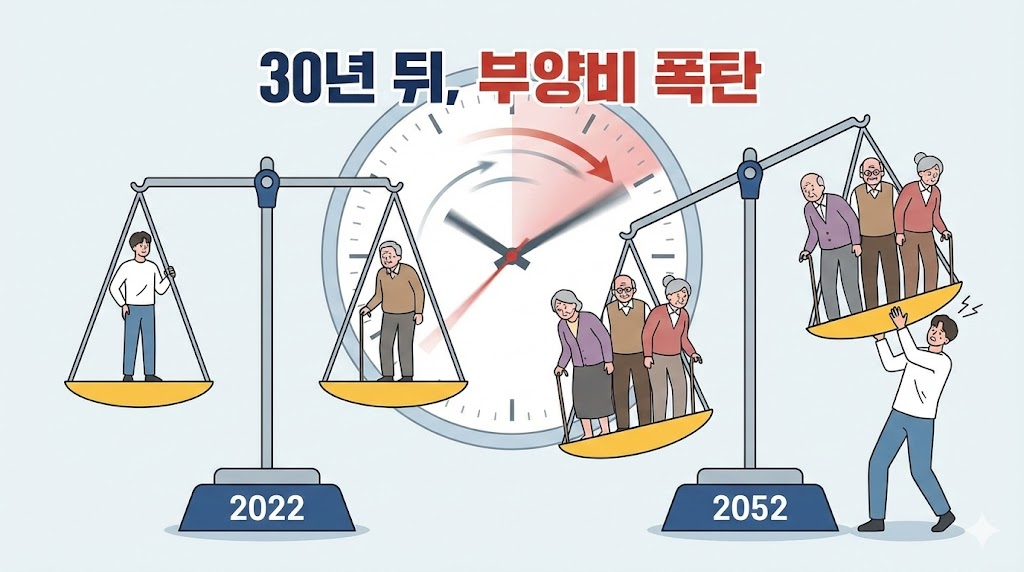2052년 급격한 고령화로 인해 청년층의 부양 부담이 폭증함을 표현한 인포그래픽