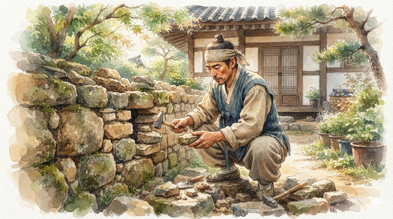 돌담을 보수하는 한국인 장인의 수채화 이미지를 통해 축미충의 재구성 과정을 표현