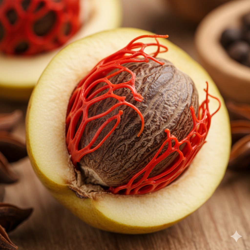 Cross-section of nutmeg fruit showing mace
