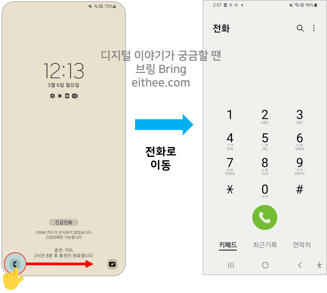 스마트폰 기초 잠금화면 시간 날짜 전화 카메라
