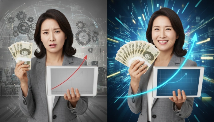 장기 투자에서 0.1%의 수수료 차이가 자산 성장에 미치는 영향을 보여주는 한국인 투자자.