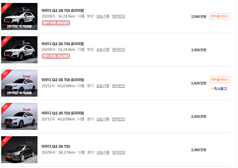 아우디 Q2 중고차 가격 시세표 고속 시내 연비