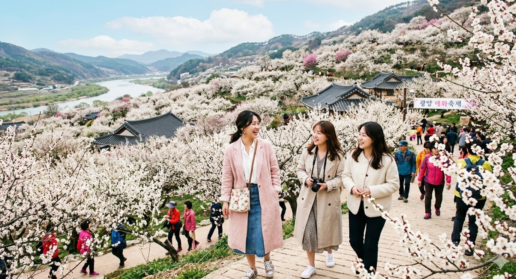 산등성이를 따라 하얗고 연분홍빛으로 만개한 매화꽃이 섬진강과 어우러진 2026년 광양 매화마을의 아름다운 전경
