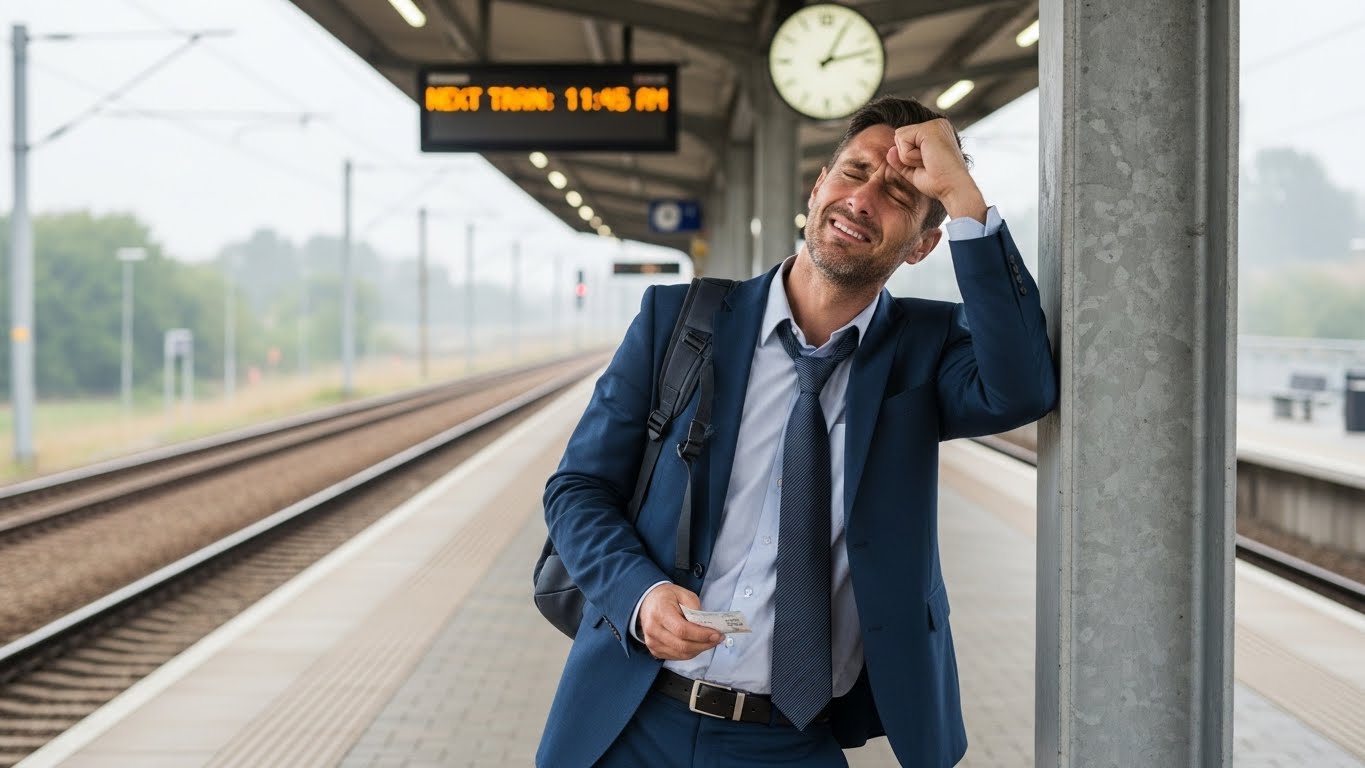 기차를 놓치고 아쉬워 하는 모습