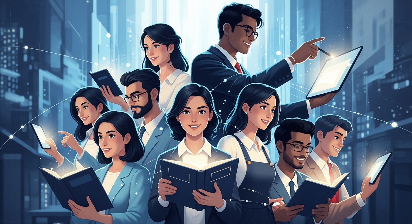 다양한 세대의 사람들이 미래 트렌드 서적을 읽거나 디지털 화면과 상호작용하며 지식을 공유하는 모습을 담은 추상적인 일러스트레이션입니다. 지적인 호기심과 공동체 참여를 나타내는 푸른색과 회색 톤이 특징입니다.