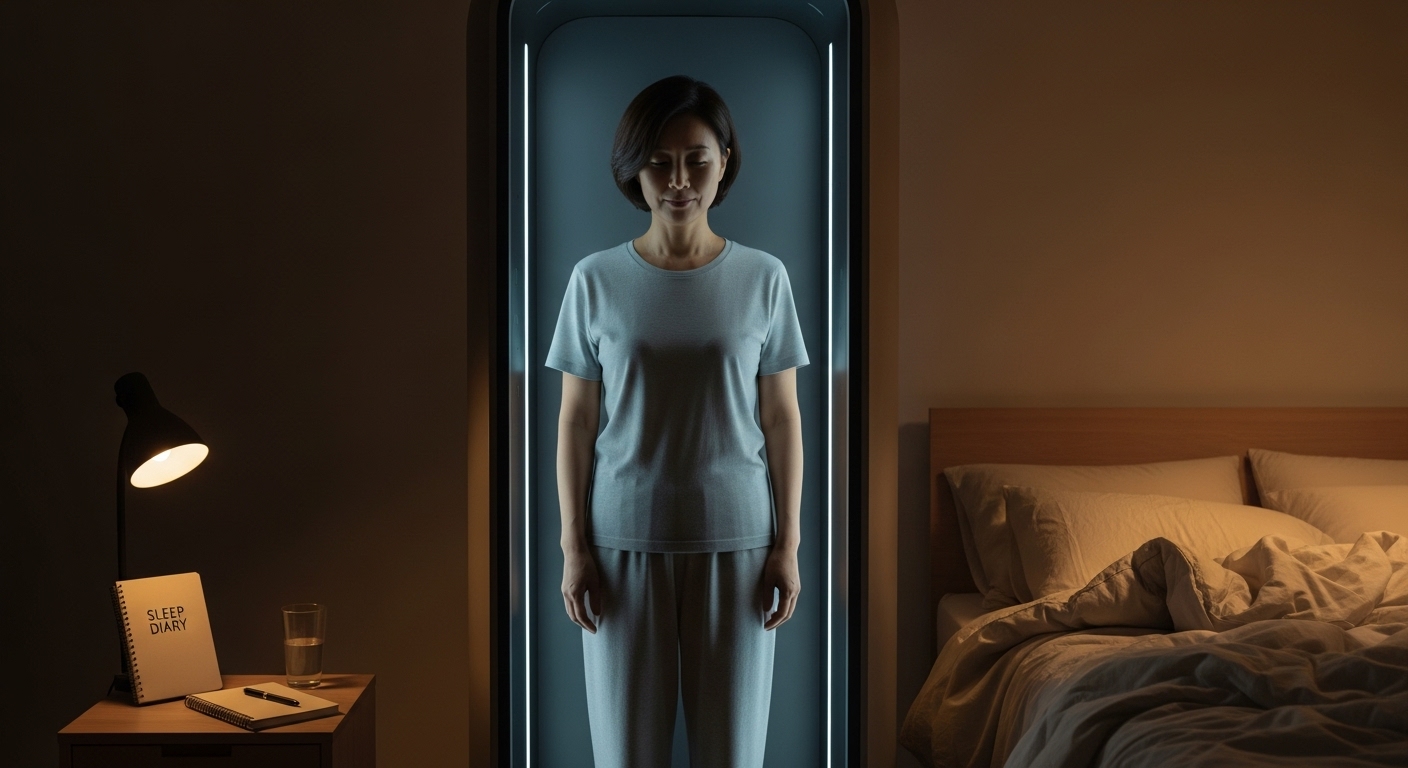 50대 한국인 여성이 침실에서 바디스캔으로 잠을 준비한다