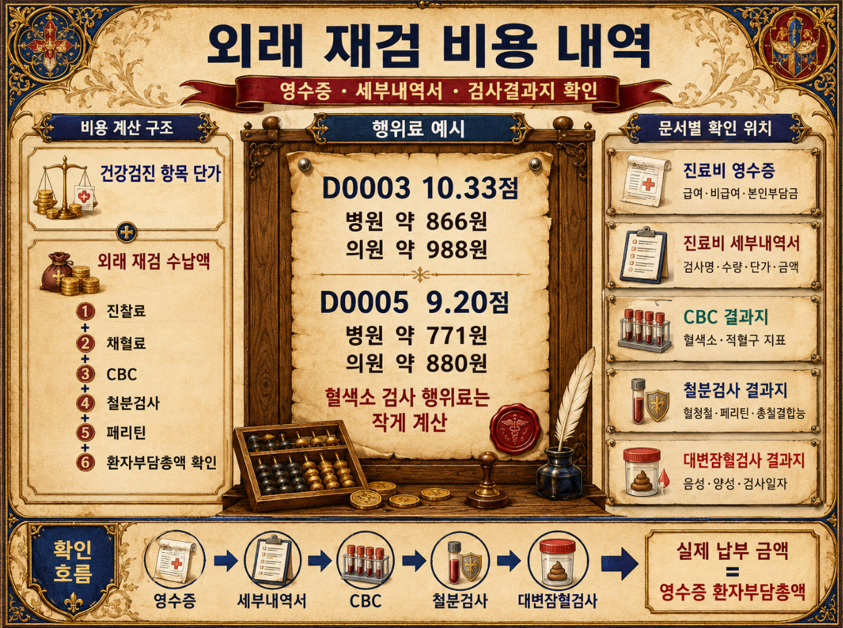 외래 혈색소 재검 비용에서 영수증 세부내역서 검사결과지를 확인하는 인포그래픽
