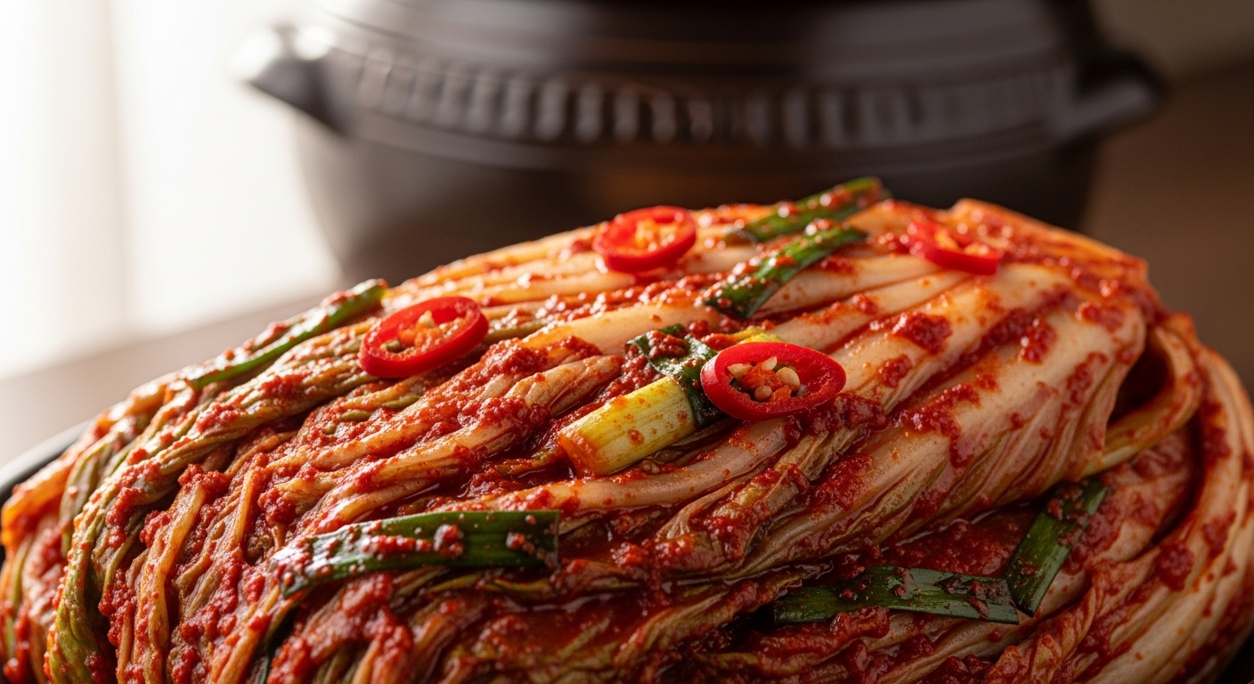 며 배경에는 한국 전통 옹기가 놓여 있음. 자연광 아래에서 김치의 아삭한 질감과 양념의 윤기가 살아있는 8k 고해상도 사진