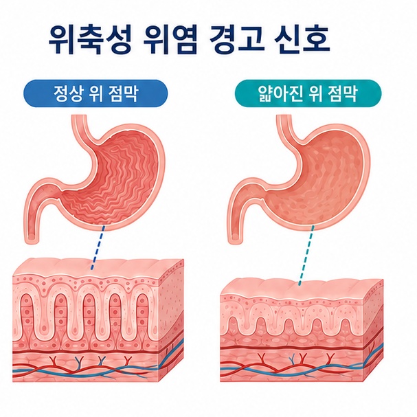 정상 위 점막과 얇아진 위 점막을 비교해 위축성 위염과 경고 신호를 안내한 이미지