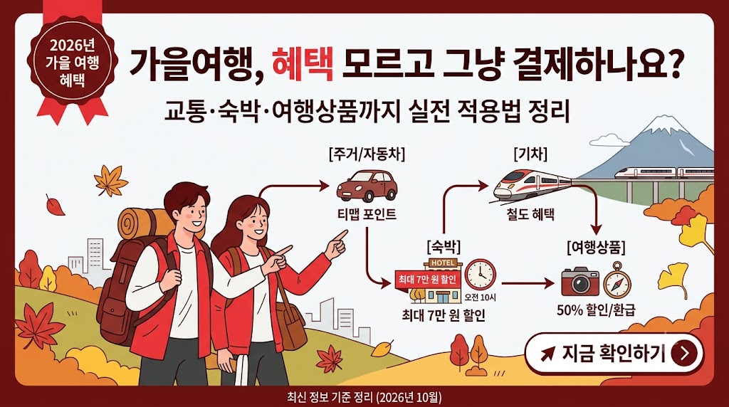 2026 여행가는 가을 할인혜택 총정리, 숙박 최대 7만원&middot;교통비 할인&middot;티맵 3만 포인트 신청방법 관련사진