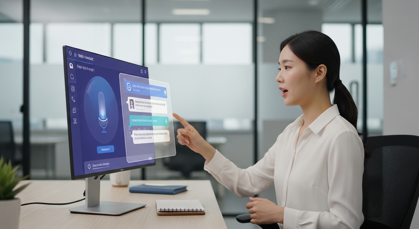employee interacting with a smart display in a corporate setting using a web-based voice assistant