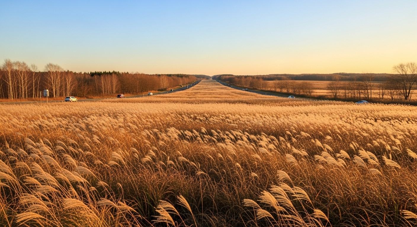 충남 아산 곡교천의 황금빛 억새밭이 드넓게 펼쳐진 풍경. 늦가을 햇살 아래 바람에 흔들리는 억새와 멀리 보이는 한적한 도로가 평화롭고 아름다운 드라이브 코스를 보여준다.