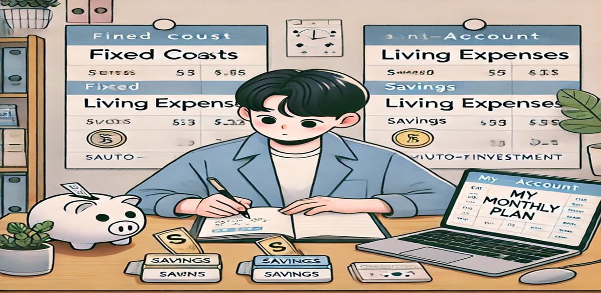 사회초년생이 고정비·생활비·저축 통장으로 자산을 관리하는 모습
