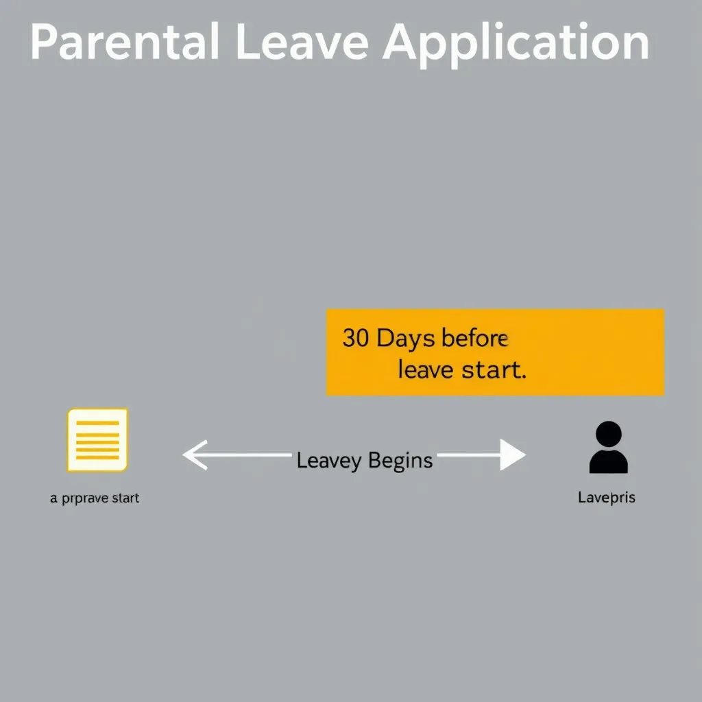 간결한 플로우차트 형태로 '육아휴직 신청 (30일 전) → 승인 → 휴직 시작'과 같은 핵심 절차를 아이콘과 함께 보여줍니다. 중요한 신청 기한(휴직개시 예정일 30일 전)을 강조하여 독자가 쉽게 이해할 수 있도록 합니다.