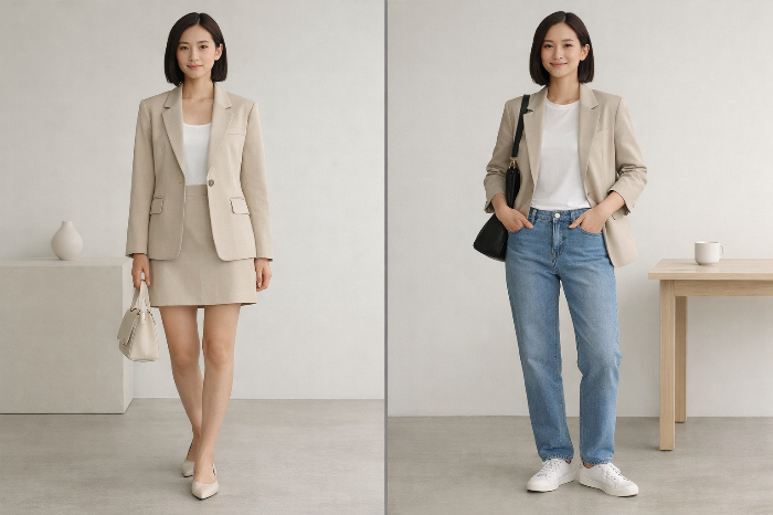 셋업 수트 한 벌로 구현하는 격식 있는 하객룩과 캐주얼한 데일리 룩의 믹스 앤 매치.