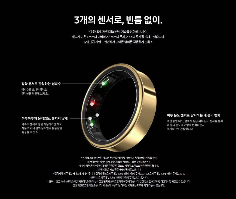 갤럭시 링의 3개 센서 설명과 주요 기능이 적힌 제품 안내 이미지(심박수, 움직임 감지, 피부 온도 추적