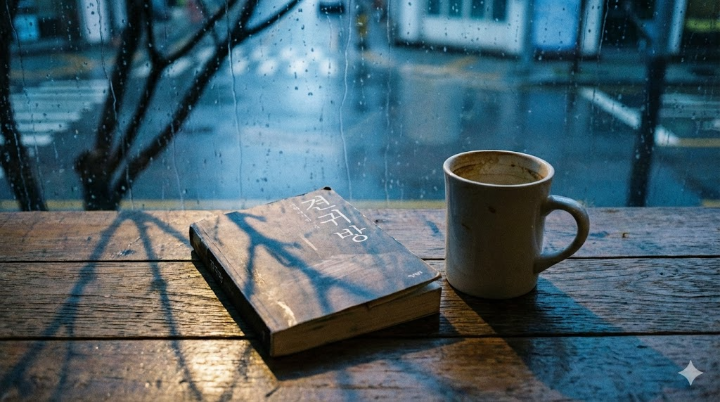 책을 다 읽고 난 후의 새벽 풍경. 창밖에는 비가 내리고, 탁자 위에는 다 읽은 <견귀방> 책과 식어버린 커피잔이 놓여 있다. 책 표지 위에 그림자가 드리워진 모습.
