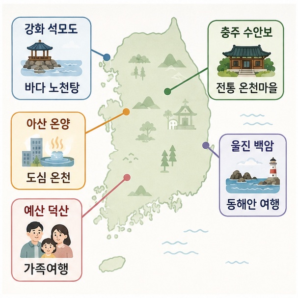 충주 수안보, 아산 온양, 예산 덕산, 강화 석모도, 울진 백암온천의 위치와 각 여행지의 특징을 정리한 그림