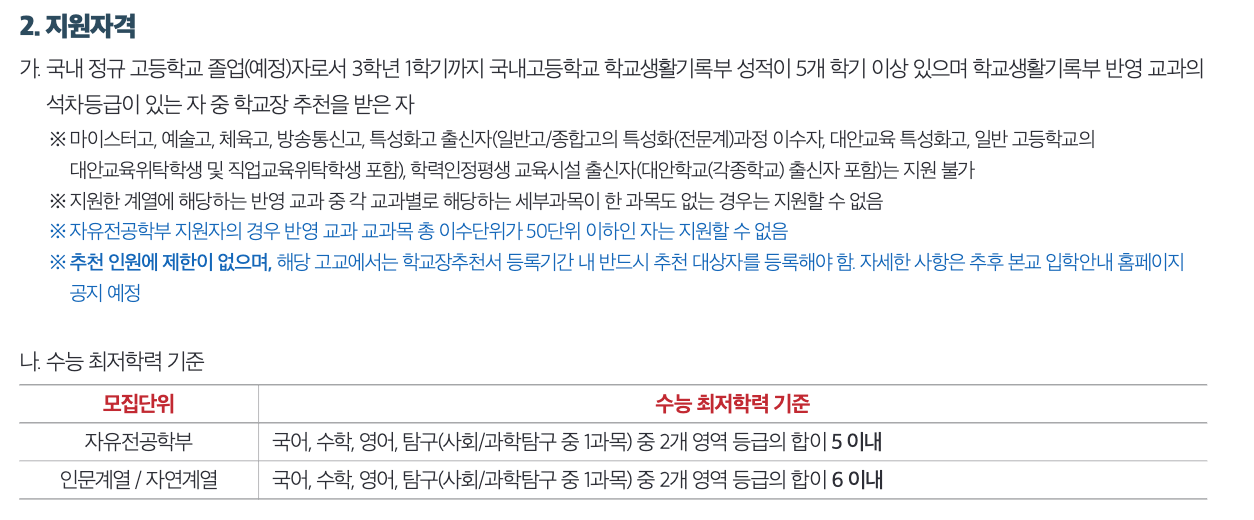 2025 세종대 수시 지역균형 수능최저