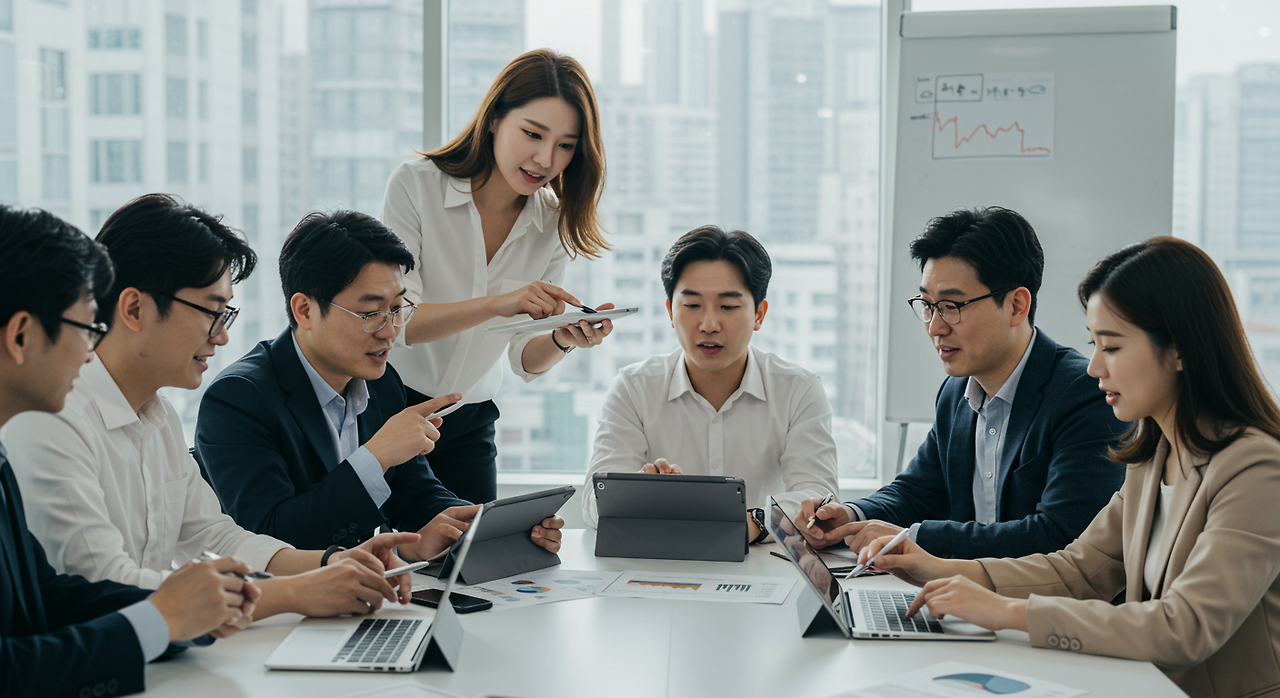 한국의 현대적 사무실에서 디지털 기기를 통해 주식 동향을 분석하는 투자자들