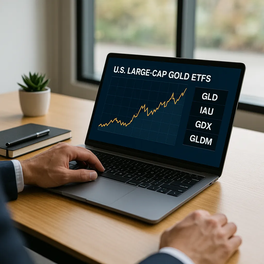 노트북 화면에 금 ETF 차트가 표시된 투자자 데스크탑 장면