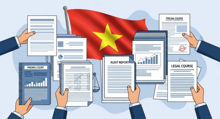 베트남 외부감사 의무 대상 기업이 재무 서류를 준비하는 모습