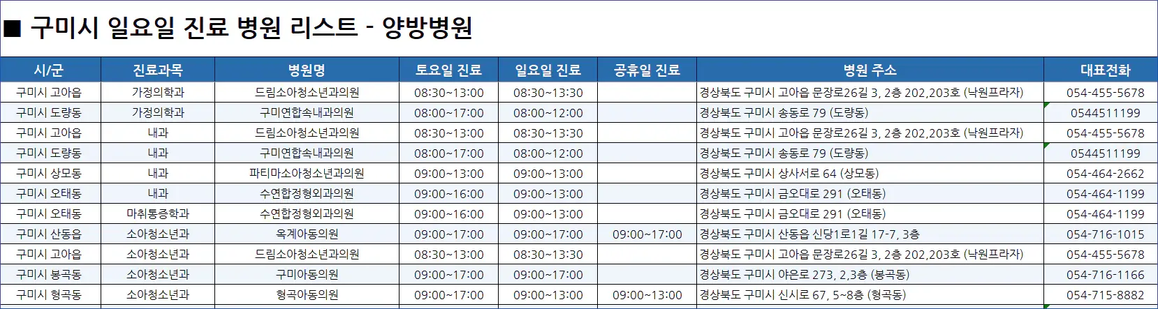구미시-일요일-진료병원-리스트-예시