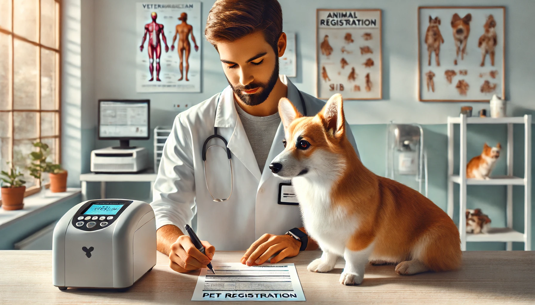 동물병원 테이블에 수의사와 함께있는 반려견 사진