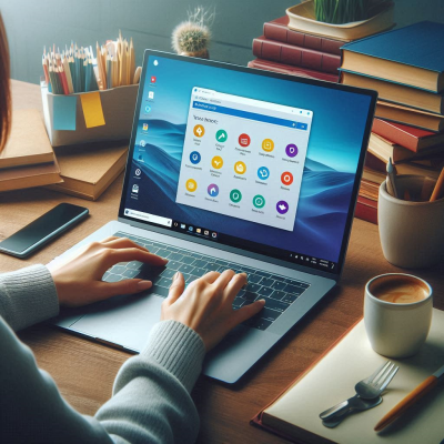 노트북에서 브라우저의 즐겨찾기 기능을 사용하는 장면.