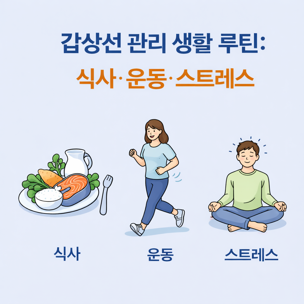 식사·운동·스트레스 관리를 통해 갑상선 건강을 유지하는 생활 루틴을 설명한 이미지