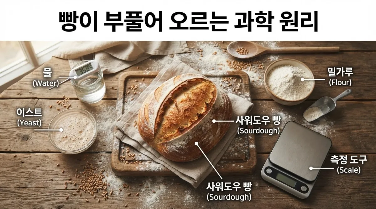 오븐에서 갓 꺼내어 김이 모락모락 나는 황금빛 사워도우 빵과 제빵 재료들의 항공샷 푸드 스타일링 이미지