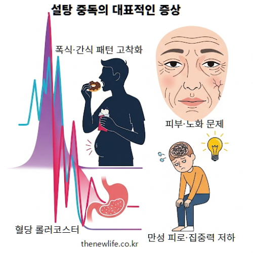 "설탕 중독의 대표적인 증상 &ndash; 혈당 롤러코스터, 폭식&middot;간식 패턴 고착화, 피부&middot;노화 문제, 만성 피로&middot;집중력 저하를 설명하는 인포그래픽"