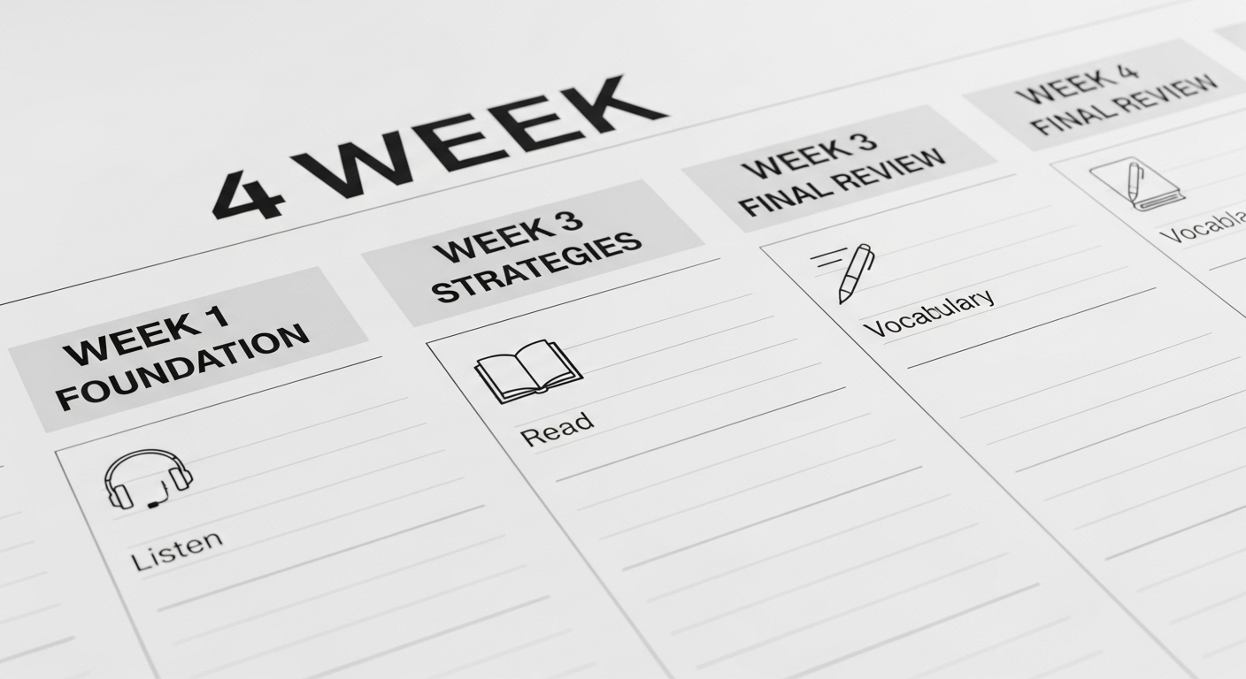 1주차 기초, 2주차 유형, 3주차 실전, 4주차 최종 정리로 구성된 4주 토익 학습 계획표