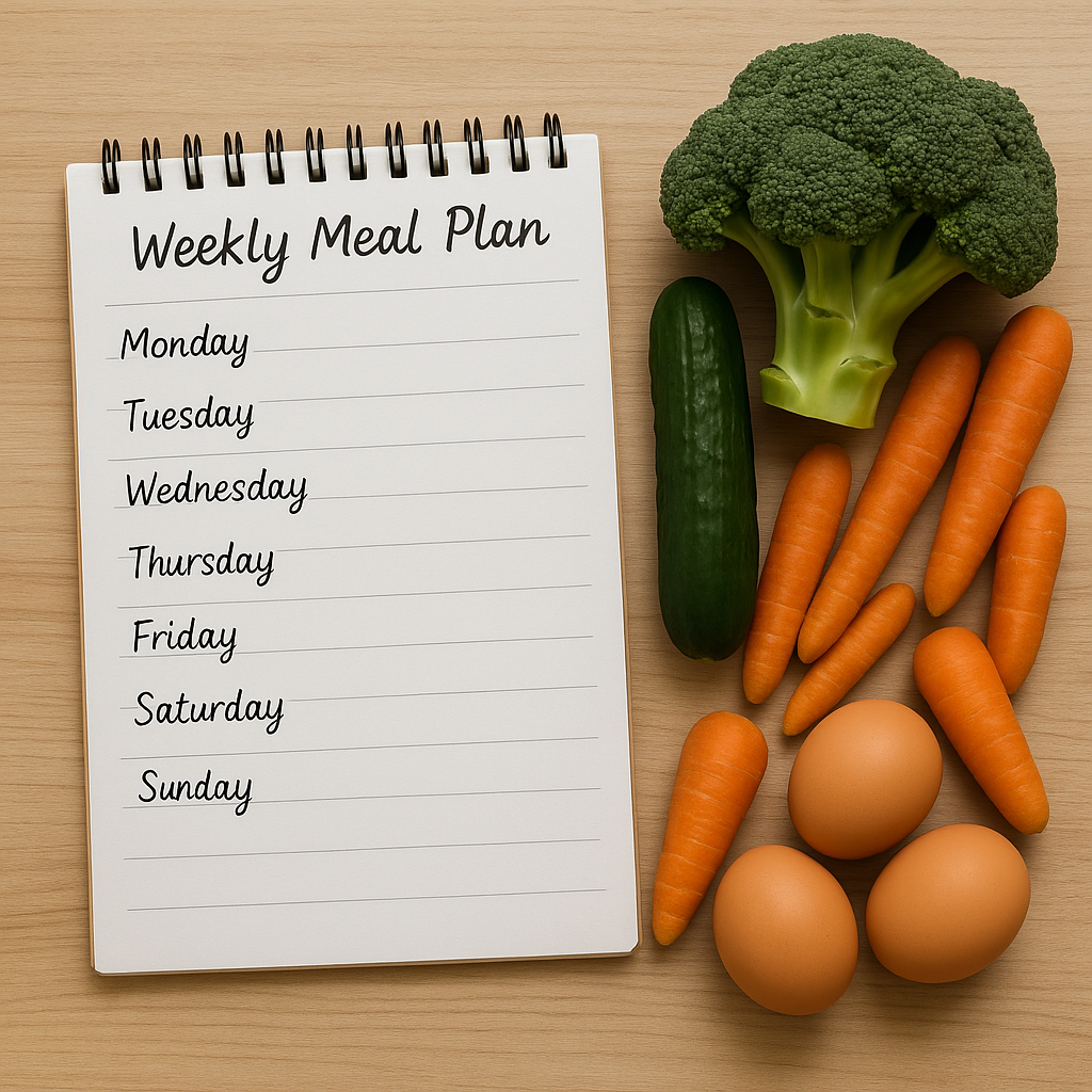 일주일 식단 계회표화 신선한 식재료가 나란히 놓인 풍경-냉장고 재료를 중심으로 식단을 짜는 장보기 루틴의 이미지