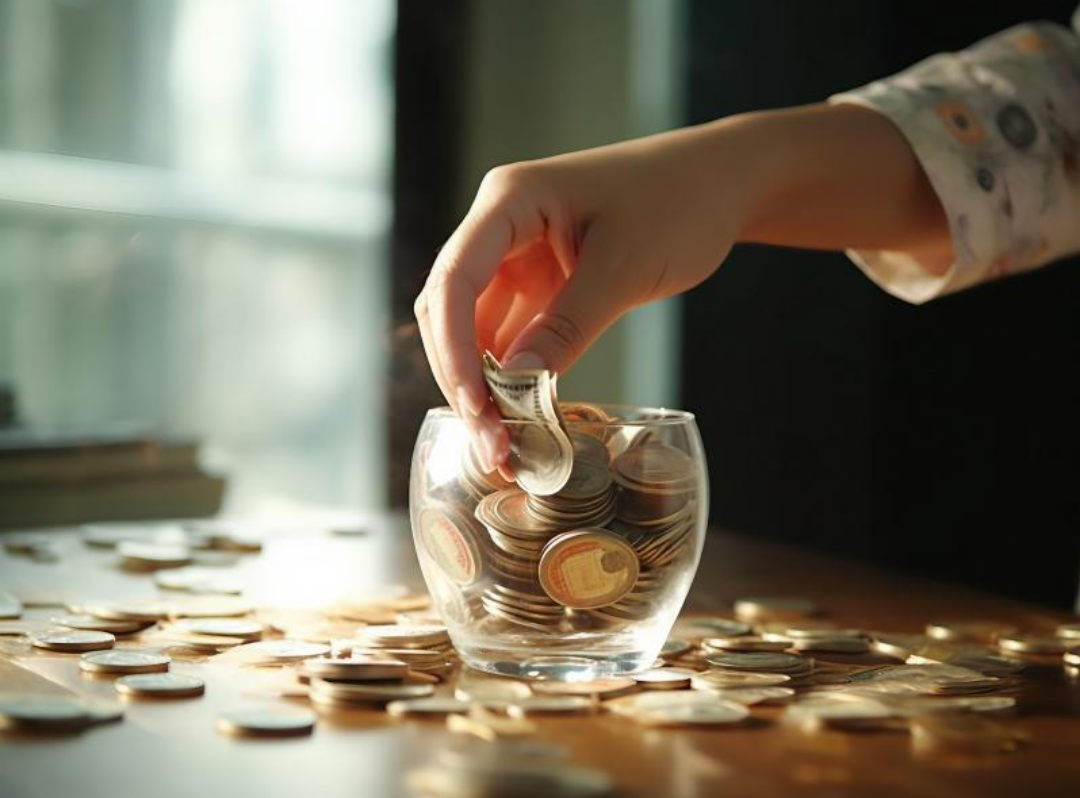 유리컵에 동전을 잔뜩 넣는 모습