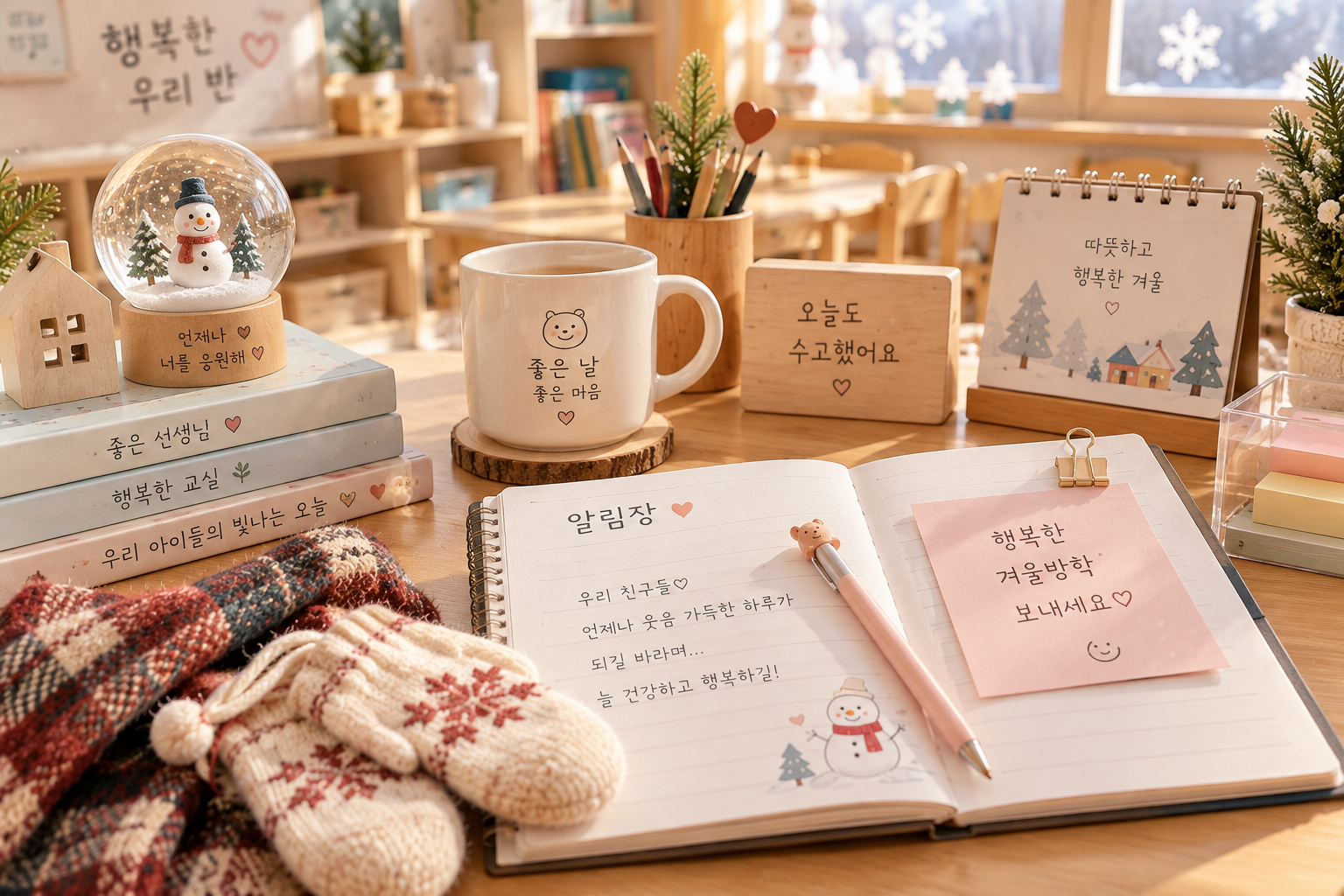 따뜻한 겨울 교실 알림장 책상