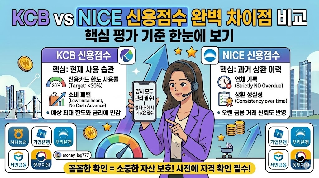 KCB와 NICE 신용점수의 핵심 평가 기준 비교 인포그래픽 과거 상환 이력 중심의 NICE와 현재 신용카드 한도 사용 습관 중심의 KCB 차이점 한눈에 보기