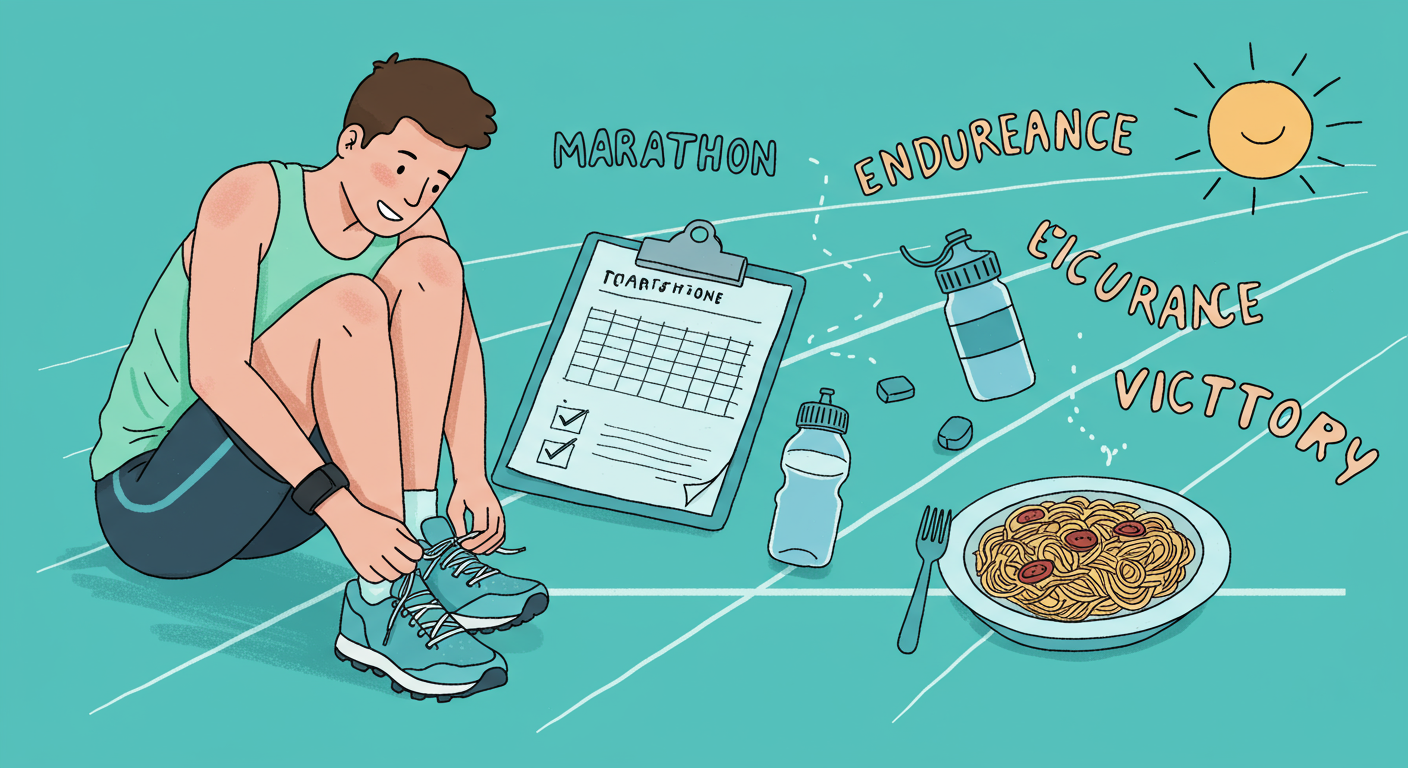 마라톤을 하기 전에 유의해야 할 사항들을 애니매이션 이미지로 표현한 사진