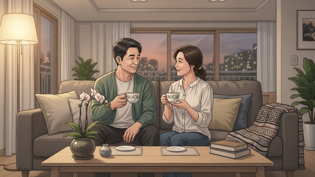 거실에서 겨우살이 차를 마시며 대화하는 50대 부부