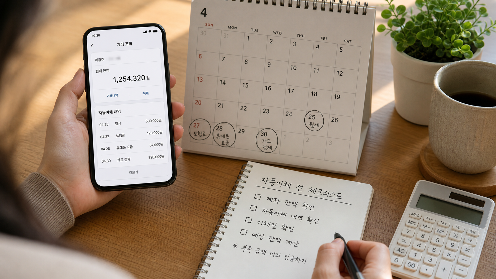 자동이체일 전 통장 잔액과 출금일을 확인하는 장면