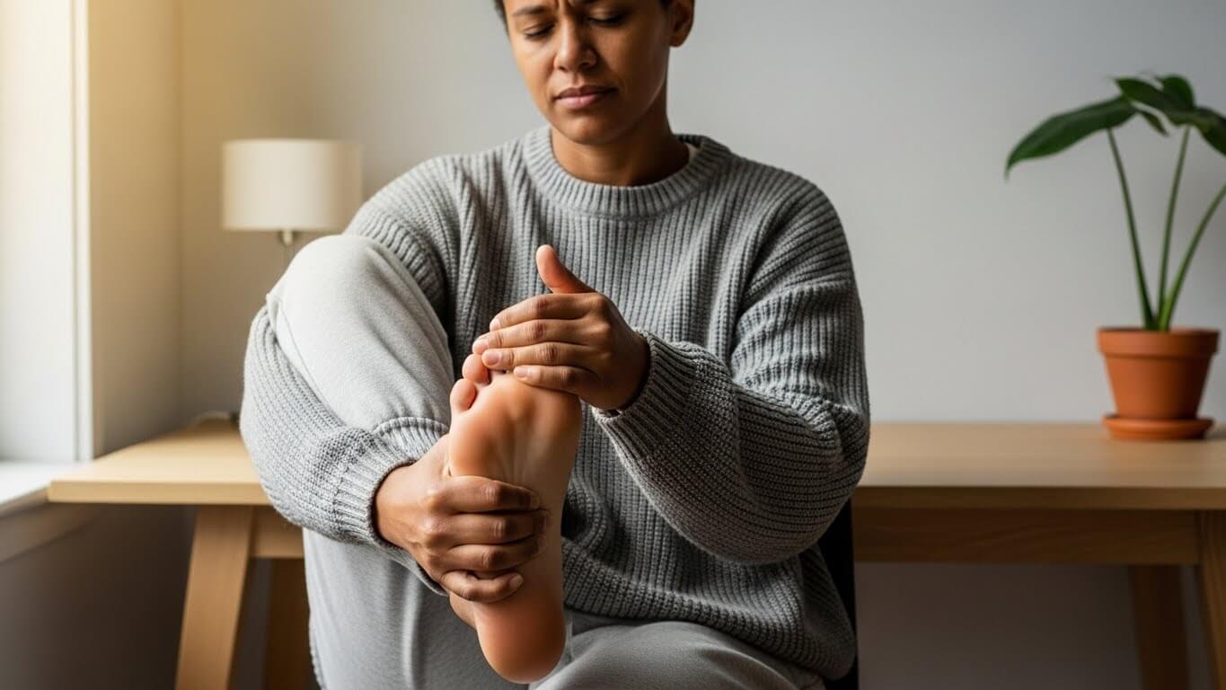 Everyday lifestyle scene showing poor circulation as a common cause of cold hands and feet