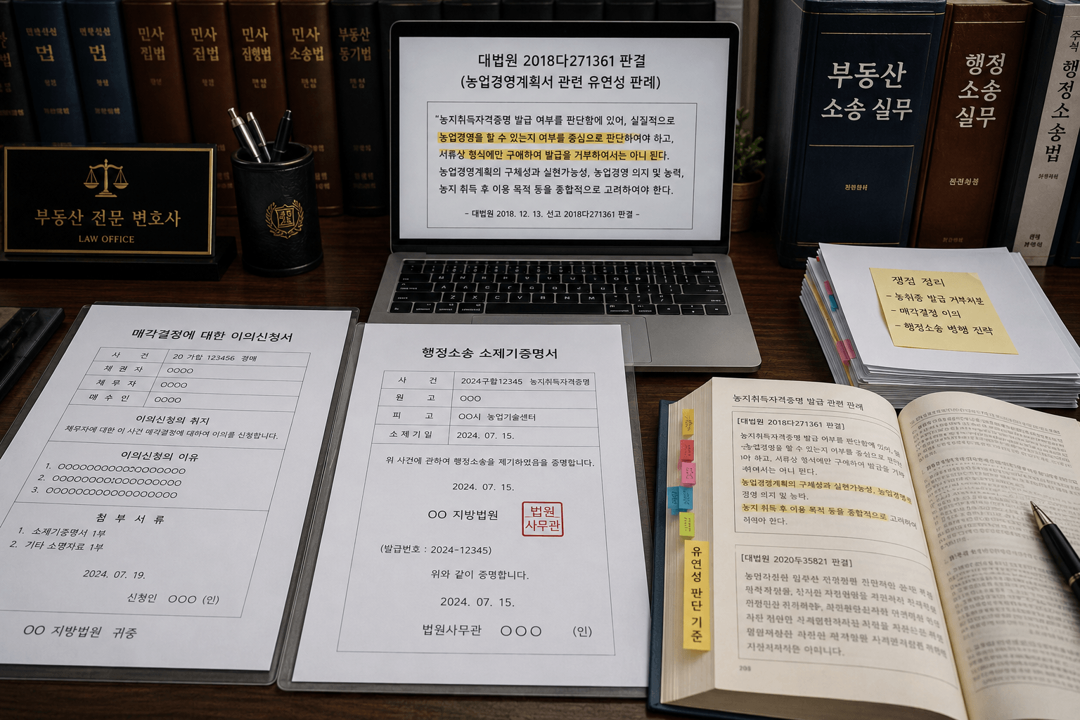 법원에 제출할 매각결정에 대한 이의신청서 양식과 행정소송 소제기증명서 서류를 나란히 펼쳐놓고 대법원의 농취증 발급 관련 유연성 판례집 문구를 대조 검토하는 부동산 전문 변호사의 사무실 모습