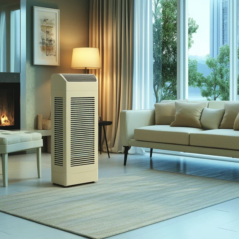 현대적 인테리어의 거실에서 스탠드 에어컨이 조용하게 공간을 시원하게 하며 편안하고 스타일리시한 여름을 연출합니다. 에너지 효율성이 뛰어나고 현대적 감각을 살린 디자인으로 실내 환경을 개선합니다.