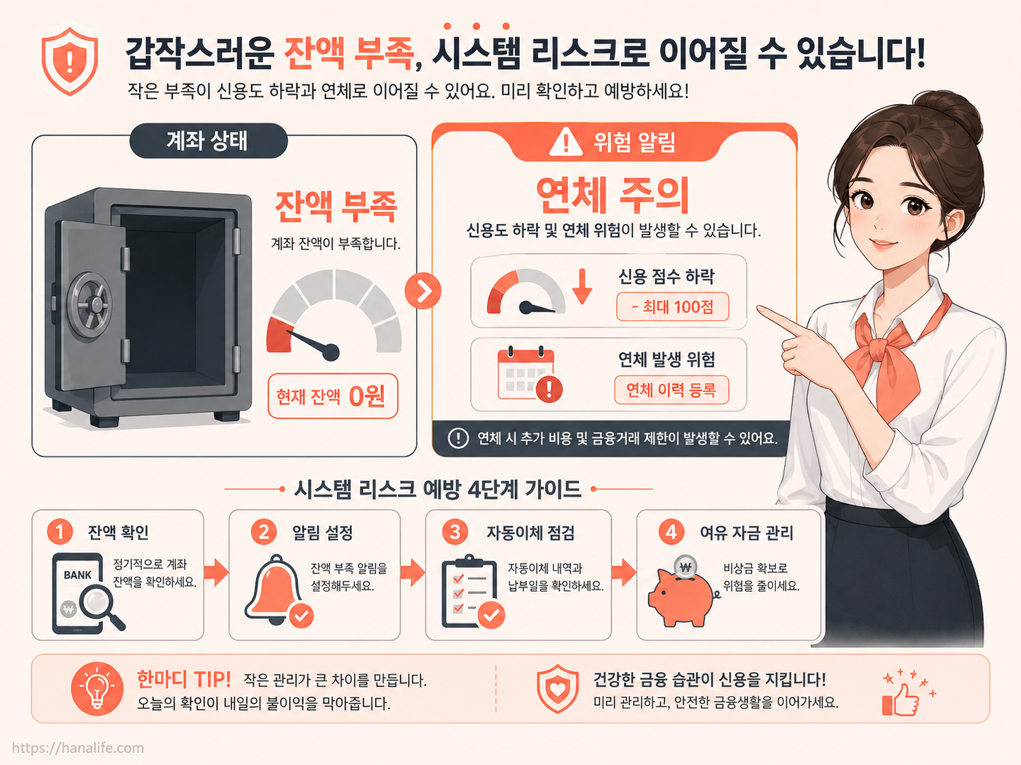 자동이체 중복 실행으로 인한 잔액 부족 공포와 연체 리스크 위험성을 경고하는 일러스트