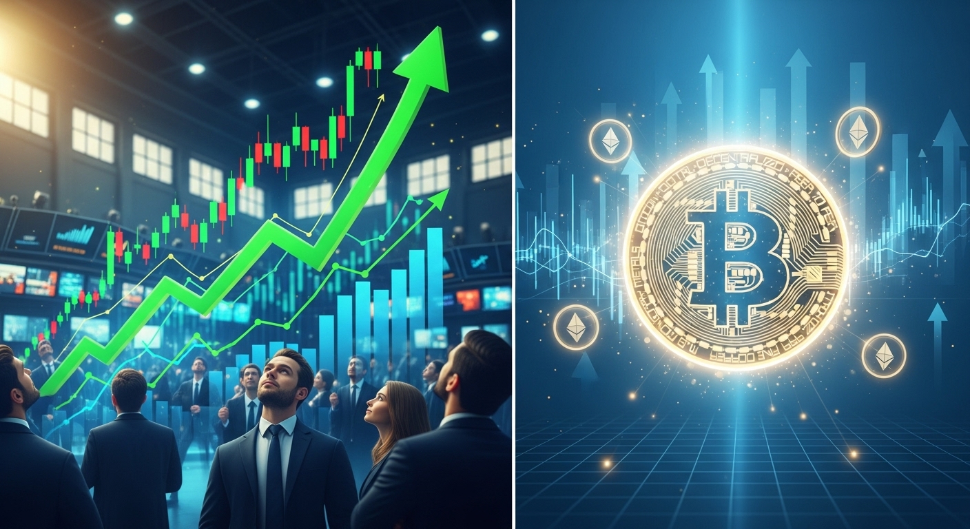 뉴욕 증시의 강세장과 비트코인 시장의 상승세를 나타내는 분할 이미지