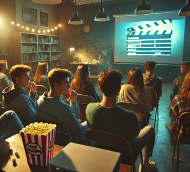 학생들이 영화를 보고 있는 사진