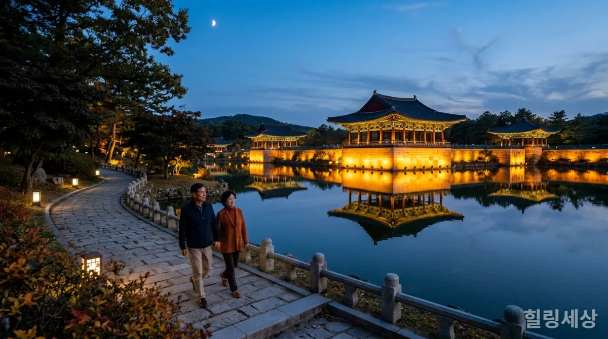 경주 동궁과 월지의 아름다운 야경을 산책하는 50대 한국인 부부