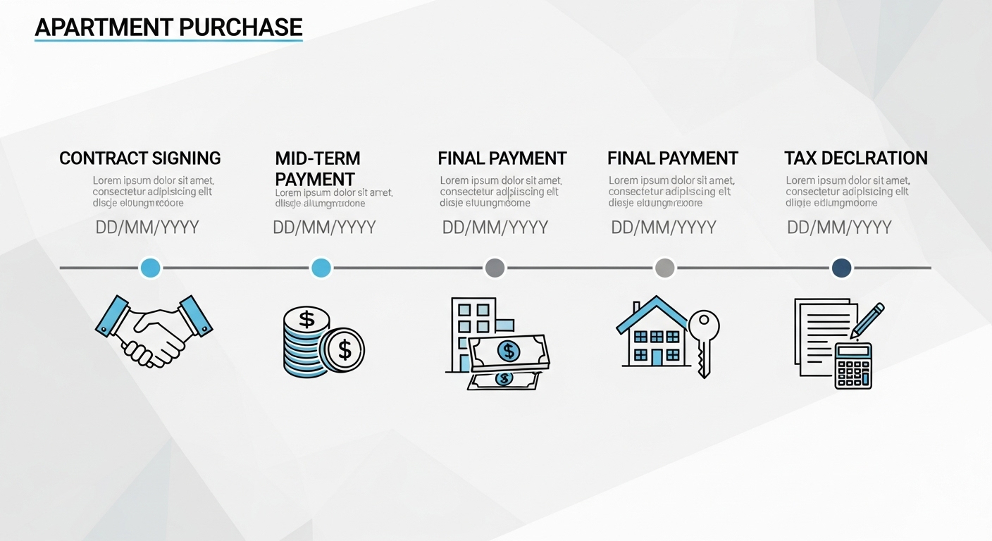 아파트 계약부터 입주, 취득세 납부까지의 주요 절차와 일정을 요약한 인포그래픽.