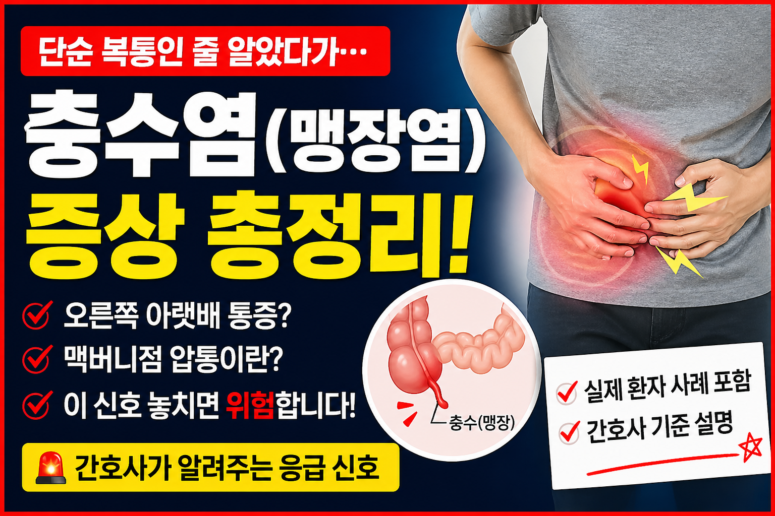 충수염 맹장염 증상과 오른쪽 아랫배 통증, 맥버니점 압통을 설명하는 이미지